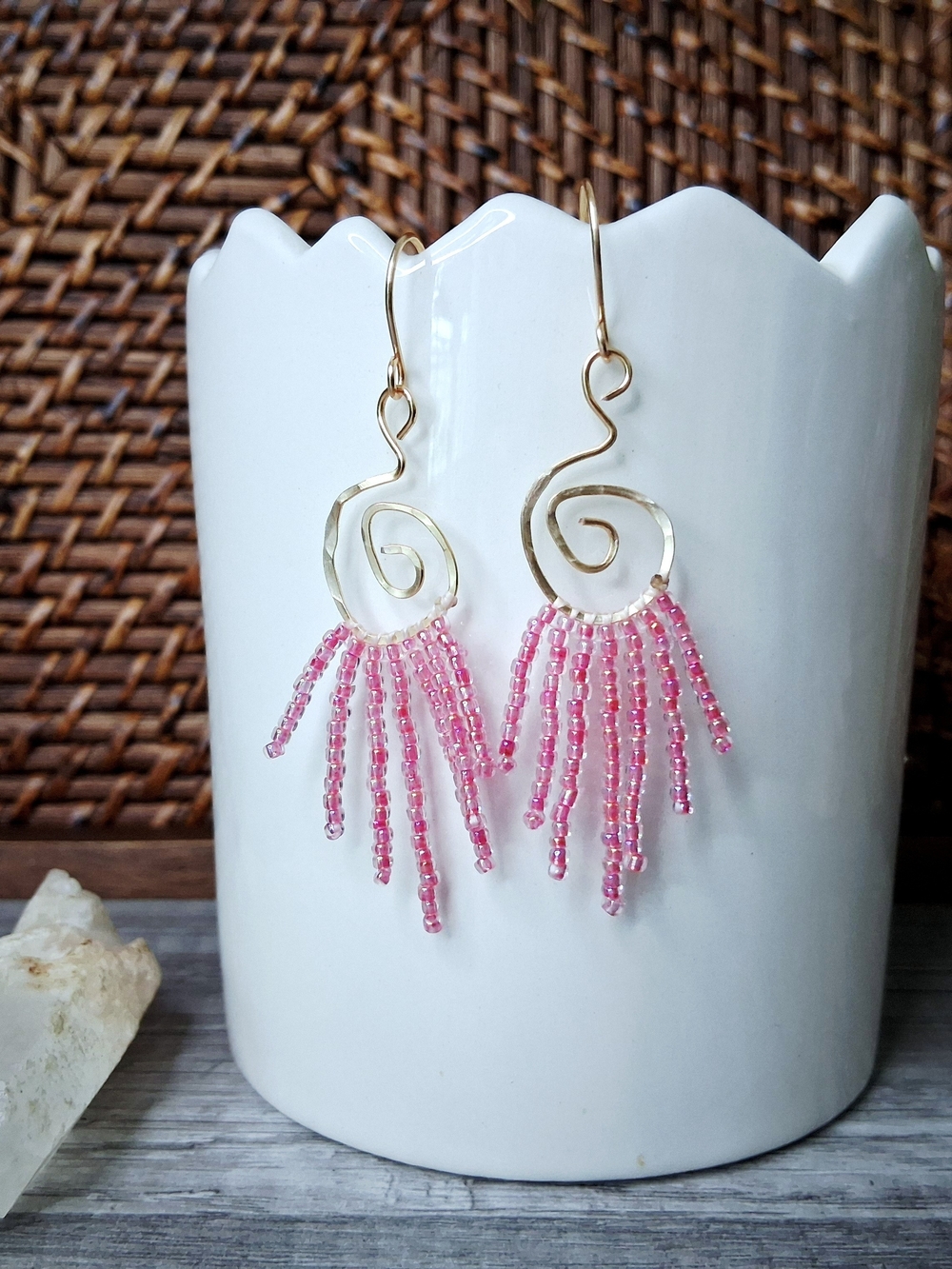 Pink Beaded Spiral Fringe Earrings with Gold Tone Hooks